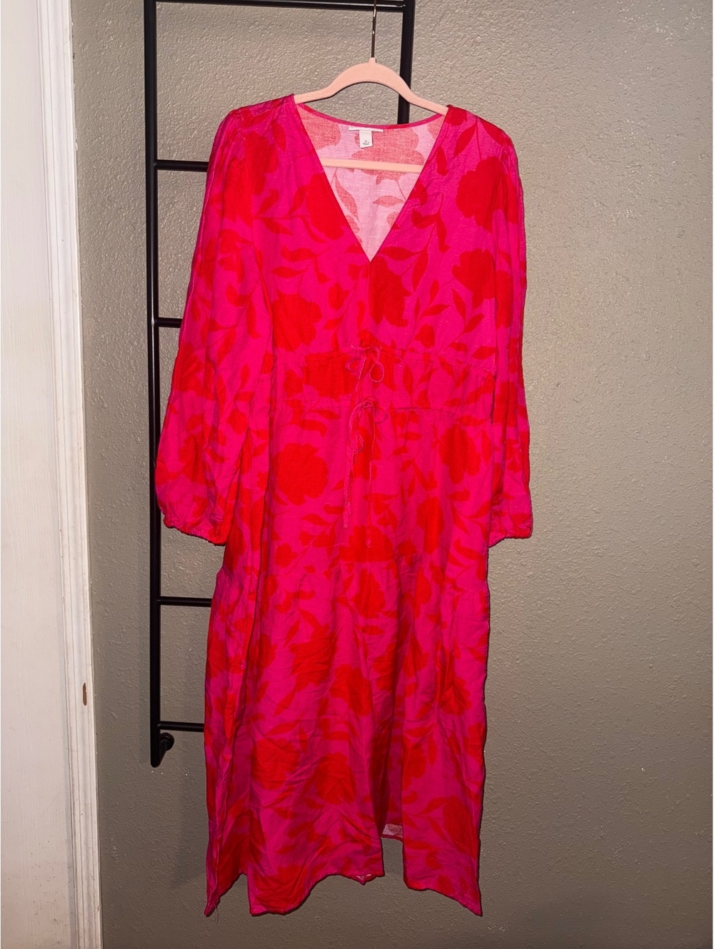 Kate Spade New York XL Pink and Red Floral Linen Rayon Blend Midi Dress